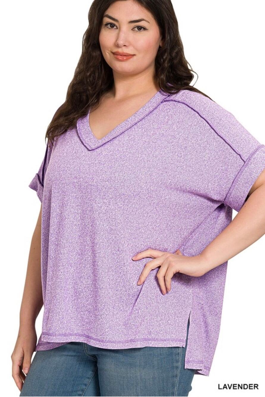 Zenana Lavender Soft Melange Hacci V-Neck Tee – Size 1X/2X